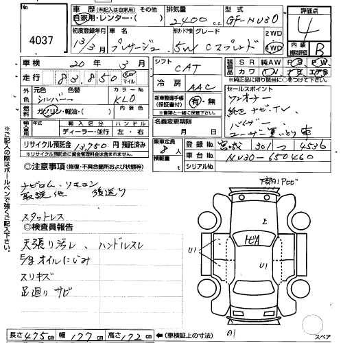 NISSAN PRESAGE Перевод аукционного листа USS Sapporo 4037 NISSAN PRESAGE Перевод аукционного листа USS Sapporo 4037