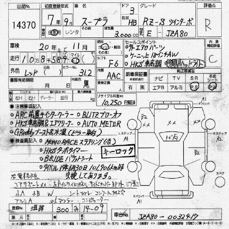 TOYOTA SUPRA Перевод аукционного листа CAA Chubu 14370 TOYOTA SUPRA Перевод аукционного листа CAA Chubu 14370