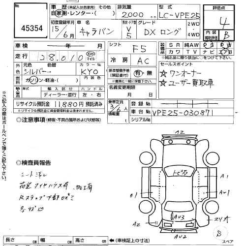 NISSAN CARAVAN Перевод аукционного листа USS Tokyo 45354 NISSAN CARAVAN Перевод аукционного листа USS Tokyo 45354
