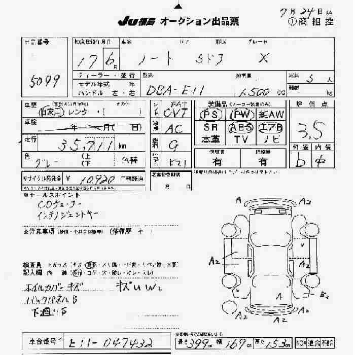 NISSAN NOTE  Перевод аукционного листа JU Fukushima 5099