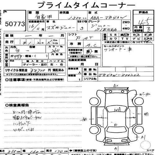 SUZUKI JIMNY SIERRA JB43W. Перевод аукционного листа USS Nagoya Лот №50773