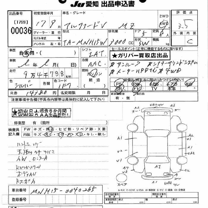 TOYOTA ALPHARD MNH15-0040265 Перевод аукционного листа JU Aichi 36 TOYOTA ALPHARD MNH15-0040265 Перевод аукционного листа JU Aichi 36