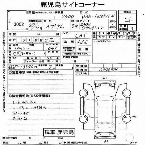TOYOTA IPSUM ACM21-0074519 Перевод аукционного листа USS Fukuoka 3002