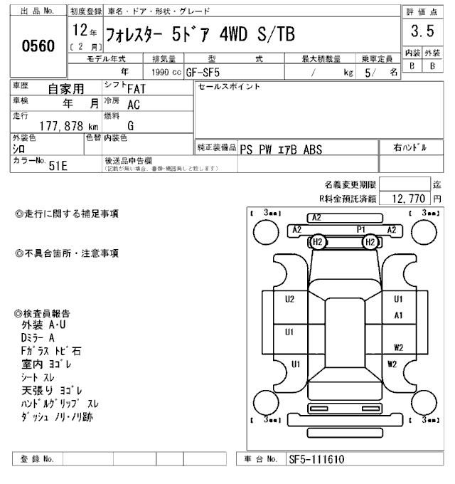 SUBARU FORESTER SF5-111610 Перевод аукционного листа ARAI Oyama 560