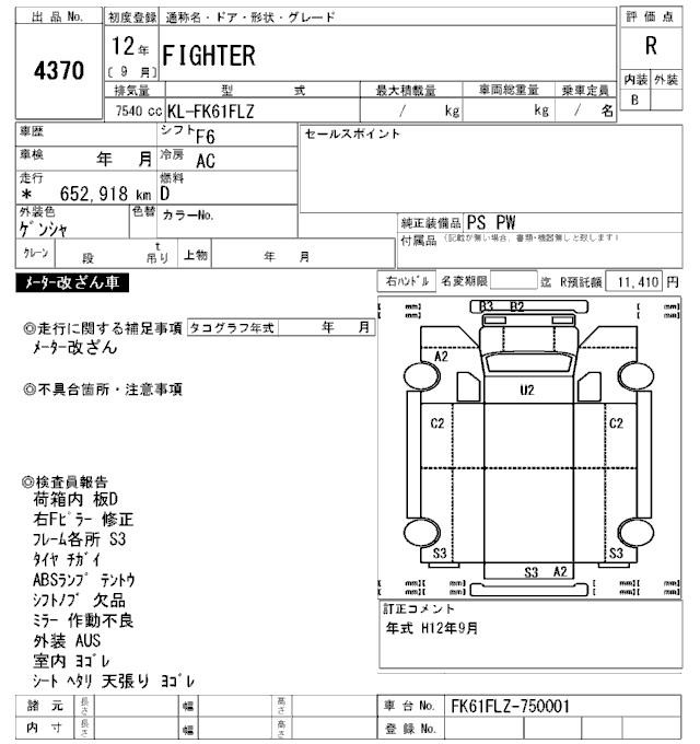 MITSUBISHI FUSO FIGHTER FK61FLZ-750001 Перевод аукционного листа ARAI Oyama VT 4370